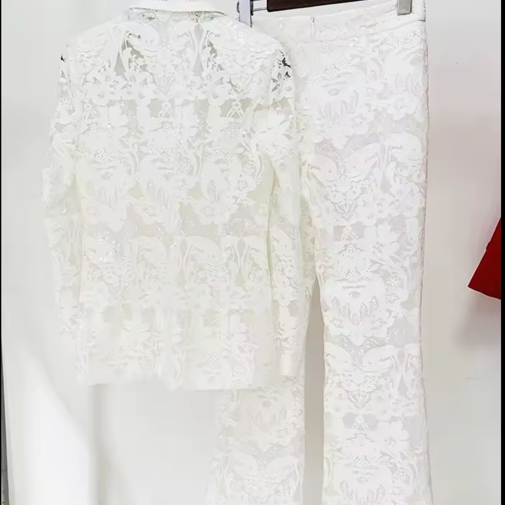 Designer Runway Suit Set Women's Single Button Guipure Lace Blazer Flare… - Picture 3 of 7